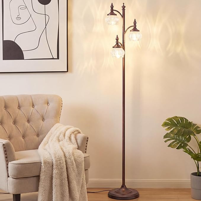 Brown Floor Lamps for Living Room Standing Lamp with 3 Brightness Lights Glass Shade 66.5in Flower Lamp for Bedroom Office Corner(3LED Bulbs Included)