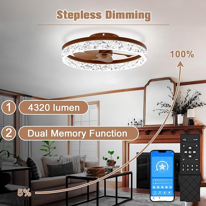 VOLISUN Farmhouse Ceiling Fans with Lights and Remote, 19.7in Low Profile Ceiling Fan Flush Mount, 3000K-6500K Dimmable Bladeless Fandelier Ceiling Fans with Lights for Bedroom(Walnut)