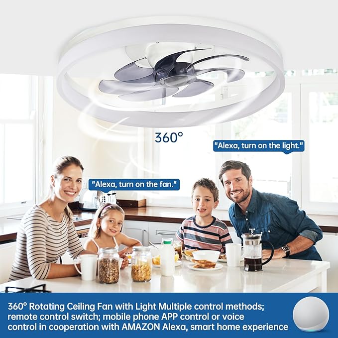 Smart Ceiling Fan with Lights and Alexa Assistant/APP/Remote Control Low Profile Fan with 6 Speeds, 15° Tilt Manal Adjustment, Stepless Color Temperature Change for Home, Office White