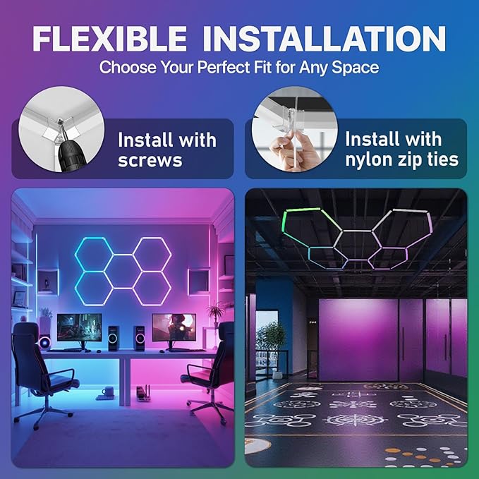 HYPERLITE Hexagon Garage Lights: 5 Grid RGB Hexagon LED Lights with Music Sync Mode, App & Remote Control, Multi-Color Honeycomb Light for Gaming Room, Gym, Garage