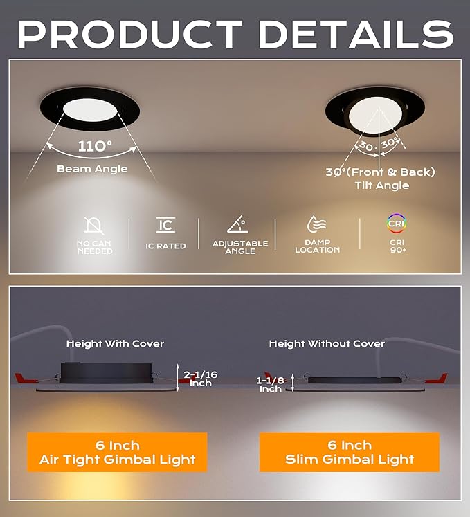 CLOUDY BAY [4 Pack] 6 inch 5 Color Swivel LED Gimbal Recessed Light with Junction Box IC Rated Air Tight,120V CRI90+,2700K/3000K/3500K/4000K/5000K Selectable,Black