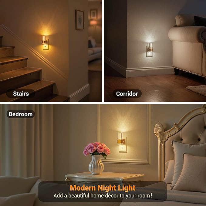 JandCase Night Lights Plug into Wall, Gold Night Light with 3 Colors, 2 Pack Dimmable Plug in Nightlight, Dusk to Dawn Sensor, Adjustable Brightness, 3000K/5000K/Amber for Bathroom Hallway Home Decor