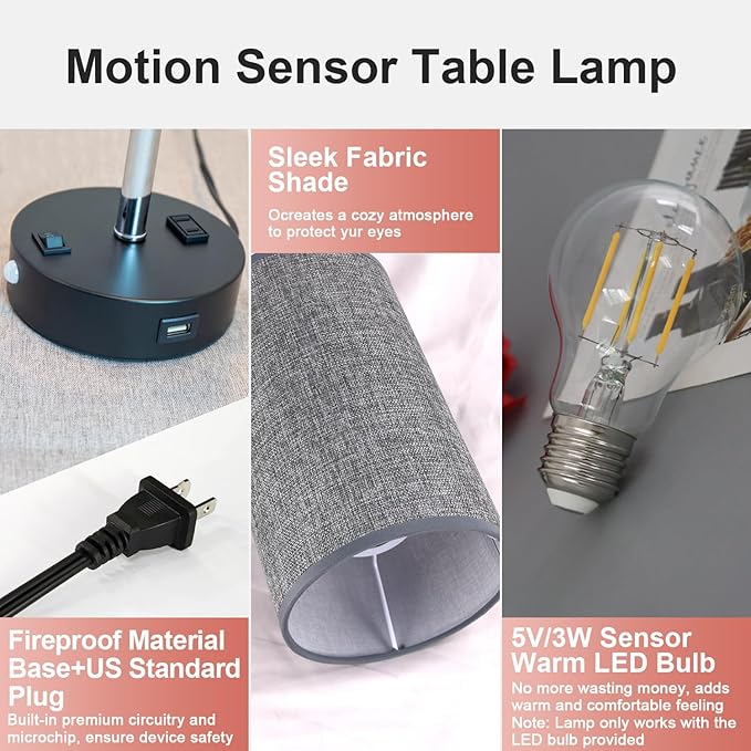 Table Lamps with Motion Sensor and Constant on Two Modes, USB Lamp with Warm White Bulb, Fabric Shade, Built-in USB Port & AC Outlet - Bedside Table Lamp for Bedroom or Living Room