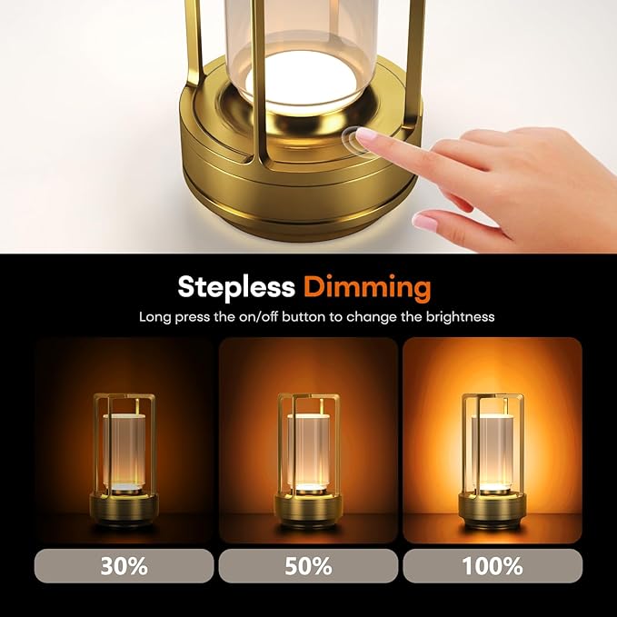 Portable Metal Table Lamp for Indoor/Outdoor ,Rechargeable Cordless LED Lamp, 3-Colour Infinitely Dimming Battery Powered Small Desk Lamp, Restaurant/Bedroom/Bar/Coffee Shop/Camping Light (Gold)