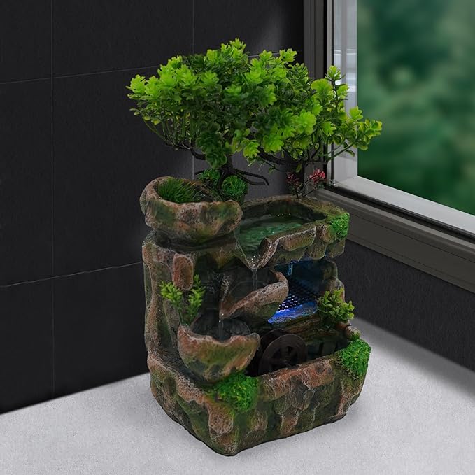 Water Fountains Indoor, Relaxation Desk Waterfall Bonsai Desk Water Fountain with LED Light, Zen Meditation Home Office Bedroom Atomizing Humidifier Desk Decoration