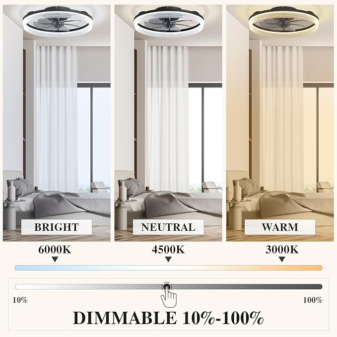 Ceiling Fans with Lights and Remote Fandelier - Black 20'' Flush Mount Low Profile Modern Ceiling Fans for Bedroom - Stepless Color Temperature and 6 Speeds