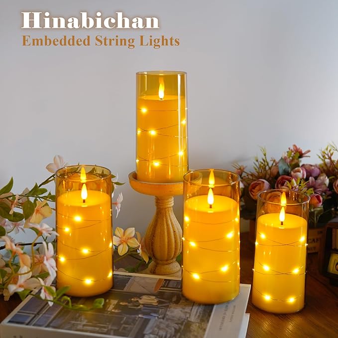 Amber Flickering Flameless Candles with Remote Timer, 6 pcs LED Battery Operated Candles with String Lights, Same Size D3 H6