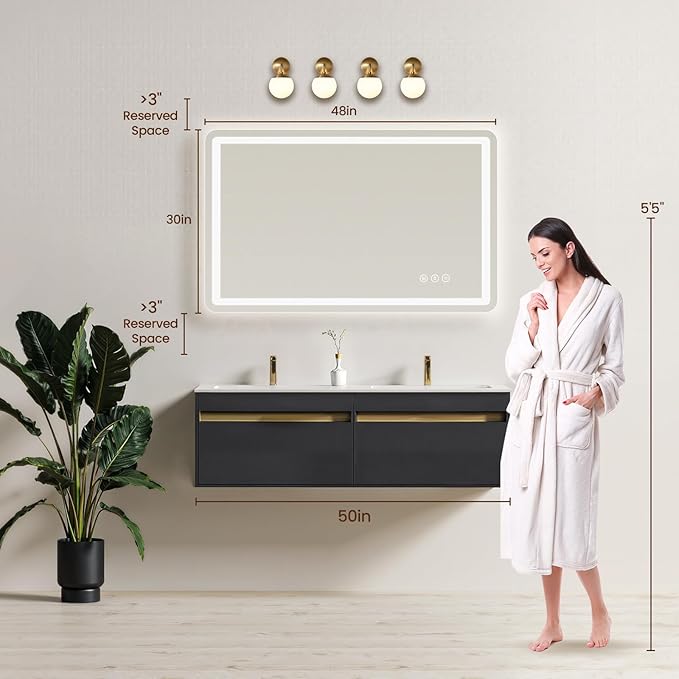 48" x 30" Led Bathroom Mirror with Lights, Anti-Fog & Tri-Color Lighting - Wall Mounted Shaving Mirror with Touch Sensor, Waterproof & Smart LED Vanity Mirror,Tempered Glass, Dimmable Smart Mirror