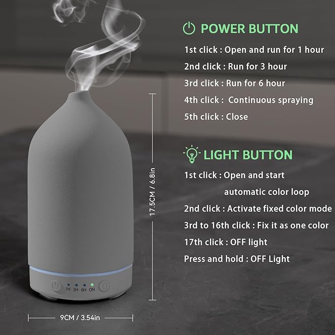 200ML Ceramic Essential Oil Diffuser - Ultrasonic Aromatherapy & Humidifier with 7-Color LED Lights, Auto Shut-Off, Grey, 1H/3H/6H Timer | Scent for Home,Office,Yoga