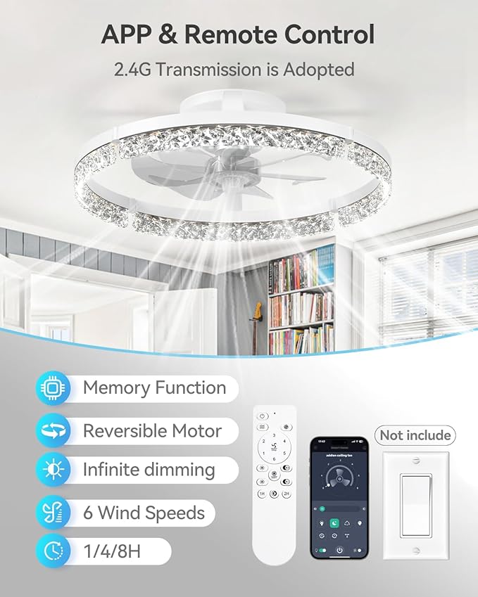 addlon Ceiling Fans with Lights and Remote, 20'' Low Profile Ceiling Fans, 3000-6000K Dimmable Modern Flush Mount LED Fan Light, Fandelier Ceiling Fan for Bedroom, Kitchen, Living Room, White