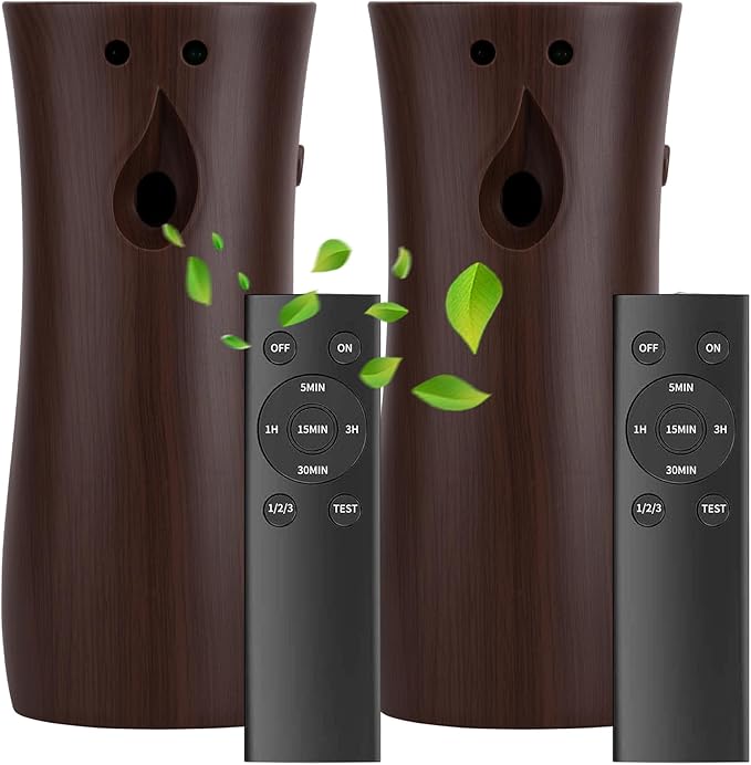 2-Pack Automatic Air Freshener Spray Dispenser with Remote Control,Wall Mounted/Free Standing for Commercial Use,Multiple Time Scent/Mist Release Settings for Room/Restroom (Wood, Standard)