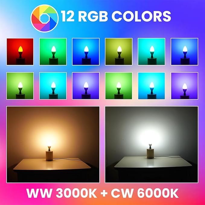 Luxvista B10 RGB LED Light Bulb - E26 Color Changing LED Bulb - 3W RGB+Daylight+Warm White, B10 Chandelier Colored Candle Bulb for Home Decoration Party (2-Pack)