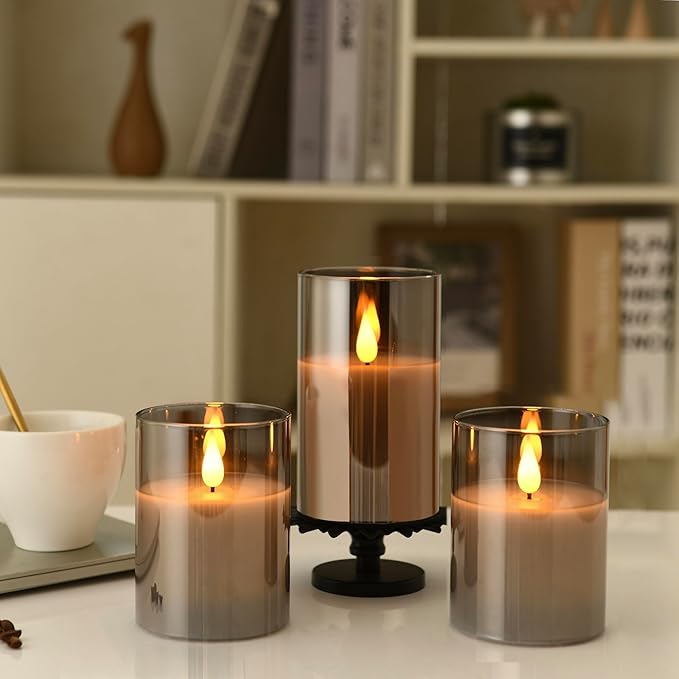 Glass Battery Operated LED Flameless Candles, Set of 2, D 3" x H 6", Real Wax Pillar Flickering Candles with Remote and Timer, Electronic Candle with 3D Wick for Festival Home Party Decor Grey