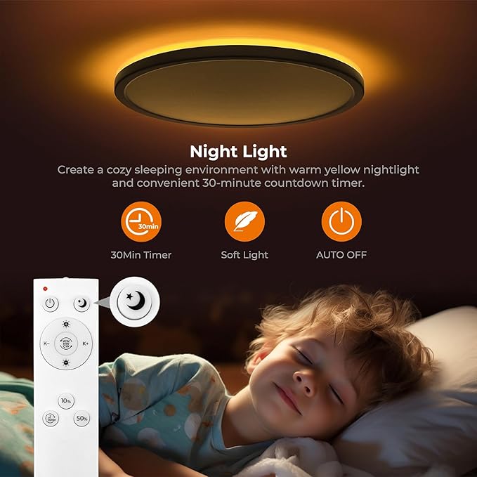 Matane 2Pack 12in LED Flush Mount Ceiling Light Fixture with Remote Control, Nightlight 2000K Warm, 3000K-6500K Adjustable, Low Profile Ceiling Lights for Bedroom, Kitchen, Living Room, Black