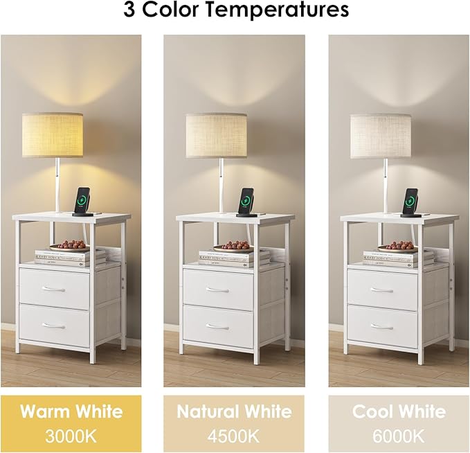 Fixwal Bedside Table with 3 Color Temperature Reading Light, Nightstand with LED Light & Charging Station End Table with Adjustable Fabric Drawer for Bedroom, Dorm, White