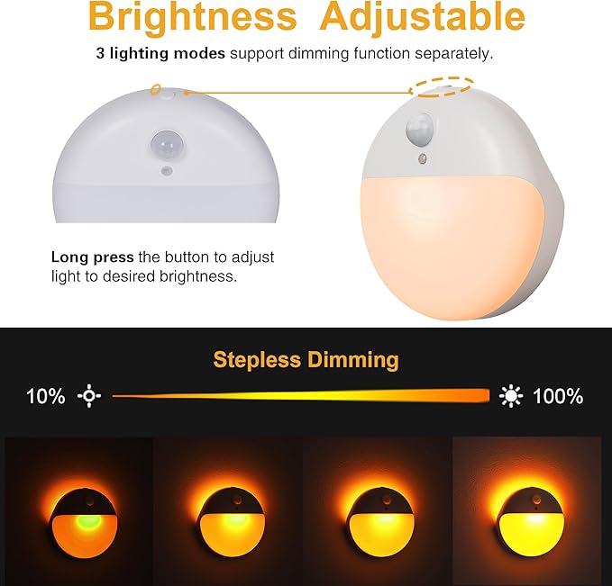 2 Pack Amber Night Light, Battery Operated Night Light, 2.6" Small Sticky Lights, Dimming, 3 Light Modes, Motion Sensor Lights for Kids, Baby, Sleep, Bedroom, Bathroom, Toilet, Travel, Stairs