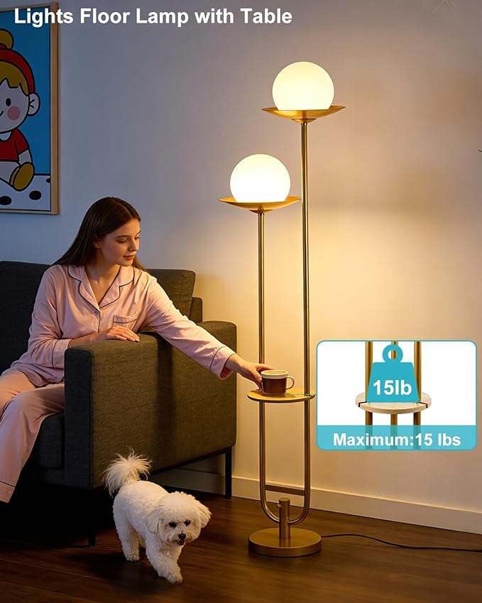 Lightdot 63IN Gold Floor Lamp with U Pole, 2 Globe Mid Century Standing Lamps Dimmable with 3000K Warm White LED Bulbs, Unique Vintage Tall Floor Lamp for Living Room/Wedding/Party
