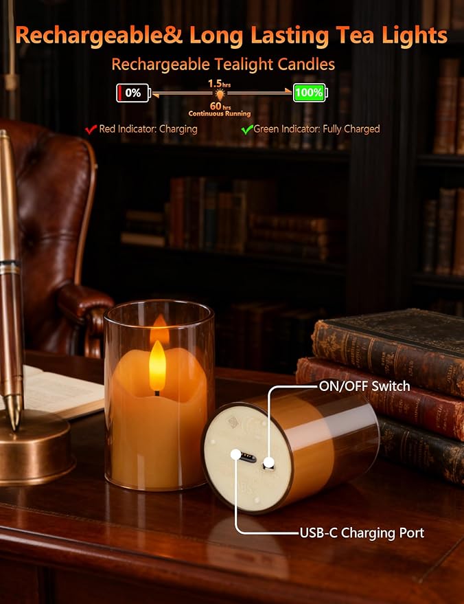 Rechargeable Operated Acrylic LED Tealight with Remote Control and Timer,Amber Flickering Flameless Candles for Home Decor, Valentines, Holidays (Set of 6