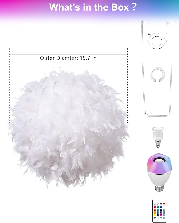 Feather Lamp Shade with Smart RGB Light Bulb, Built-in Bluetooth Speaker, Remote & APP Control, Fluffy Girl Room Decor, 600 Lumens, 19.7inches, White