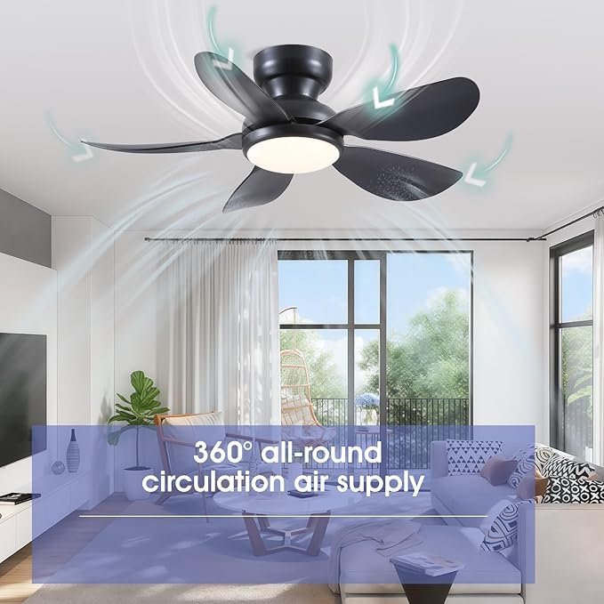 36 Inch Modern Ceiling Fans with Lights, Small Flush Mount Ceiling Fan, Remote/APP Control, 5 Reversible Curved Blades, 6 Speeds, 3 CCT Dimmable Lights for Kids Room Bedroom, Black