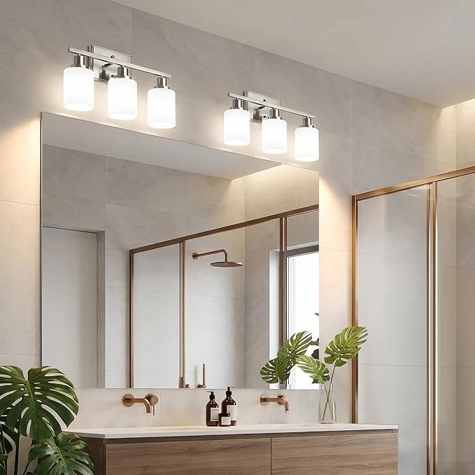 Ascher Bathroom Light Fixtures, 3-Light Vanity Light Over Mirror, Modern Brushed Nickel Wall Sconces with Milky White Shades, Wall Lamp for Kitchen Hallway Cabinet Porch E26 Base