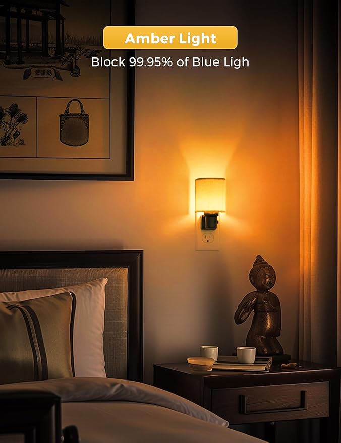 L LOHAS LED Amber Night Lights Plug into Wall, Plug in Night Light Dimmable, Farmhouse Decorative Nightlights Plug in Wall, Light Sensor, Linen Fabric Yellow Nightlight for Bedroom Hallway, 1 Pack