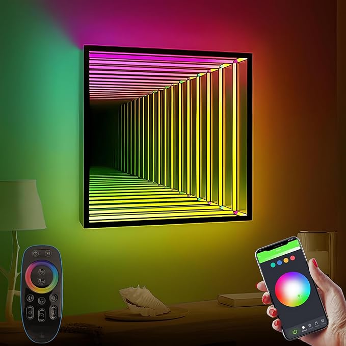 3D Infinity Mirror Light, 19.7" Square LED Tunnel Wall Light with 358 LEDs, App & Remote RGB Color Changing Mirror for Gaming Room Decor, Party, Bar, Geometric Art Deco Wall Mounted