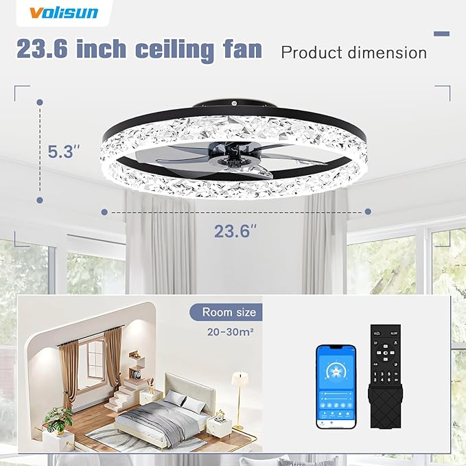 VOLISUN Fandelier Ceiling Fans with Light, 23.6in Low Profile Ceiling Fan with Light and Remote, 3000K-6500K Dimmable Bladeless Ceiling Fan Flush Mount, Black Modern Ceiling Fan with Light for Bedroom