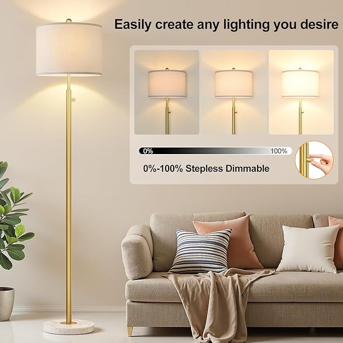 【Upgraded】Dimmable Gold Floor Lamps for Living Room, 11W LED Bulb Included, Modern Standing Lamp with Marble Base, Tall Pole Light with White Linen Shade for Bedroom Reading Office Corner Nursery