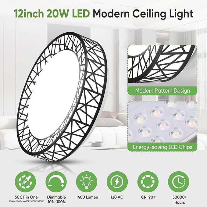 12 Inch Flush Mount Ceiling Light, Modern Black LED Ceiling Light Fixture, 20W 1400LM 2700-6500K Adjustable, Dimmable Ceiling Lights for Bedroom, Kitchen, Hallway, Bathroom, ETL Listed