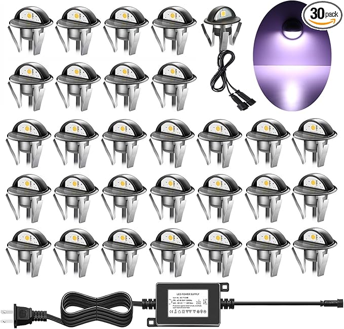 Pack of 30 Low Voltage LED Deck Lighting Kit Stainless Steel Waterproof Outdoor Landscape Garden Yard Patio Step Decoration Lamps LED In-ground Lights (Cold White)