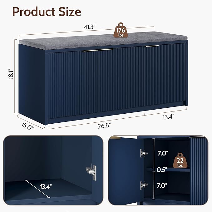 2-Tier Shoe Storage Bench with 3 Doors & Adjustable Shelf, Removable Washable Padded Seat Cushion, 41.3" Entryway Storage Cabinet for Living Room, Bedroom – Navy Blue Modern Design
