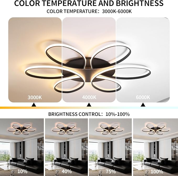 Modern LED Ceiling Light Fixture Black Flush Mount Ceiling Lamp with Remote Control Dimmable 6 Rings Flower Shaped Ideal for Living Room Bedroom Dining Room Kitchen(120CM/47.3IN)