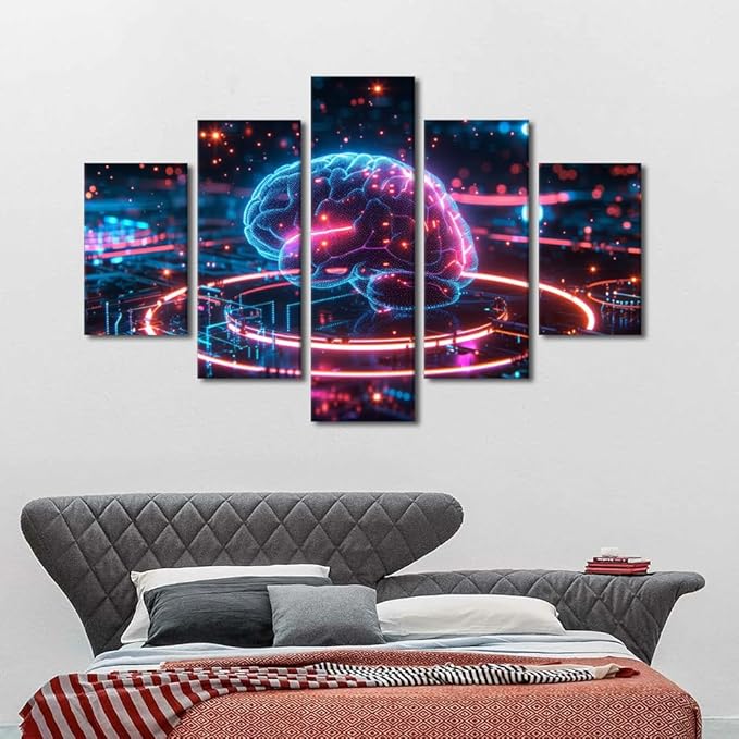 TUMOVO 5 Panel Digital Brain Wall Decor for Living Room Science and Technology Canvas Printing Wall Art Neural Networks Pictures for House Wall Decorations for Bedroom Modern Print 60" Wx40 H