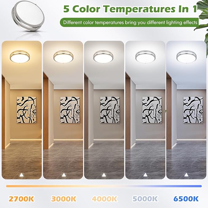13 inch Dimmable LED Ceiling Light Fixture, 36W Super Bright 3600 Lumens Brushed Nickel Flush Mount Light Fixture, 2700K-6500K Adjustable Ceiling Lights for Bedroom, Kitchen, Bathroom, 1-Pack