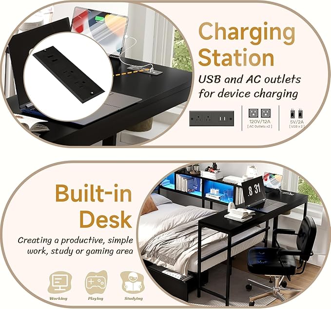 Full Corner Bed Frame with Desk, LED Lights & Charging Ports, L-Shaped Daybed with Storage Drawers, Bookcase & Open Shelves, Modern Full Size Daybed for Kids, Teens & Compact Bedrooms,Black