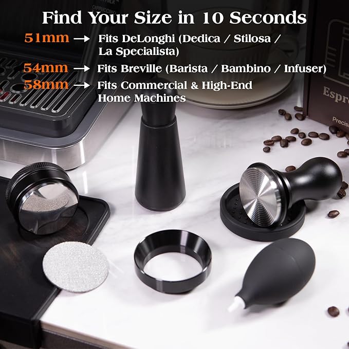 7 PCS Espresso Accessories Kit: 51mm Espresso Tamper, Coffee Distributor, Puck Screen, Dosing Funnel and WDT Tool, Premium Espresso Tool Set Fits Delonghi 51mm Machines and Portafilter