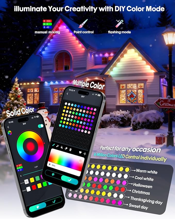 Permanent Outdoor Lights 150Ft 90LEDs, Smart RGB-IC Year Round Eave Deck Fence Outside Lights with Remote & App Control, Multicolor & White Individual DIY LED Christmas Holiday Decor