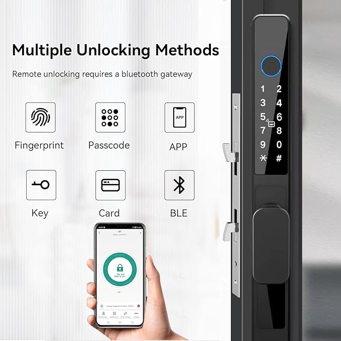 eLinkSmart Slim Keypad Door Lock Built-in WiFi Fingerprint Keyless Entry Mortise Smart Lock for Sliding Patio Glass Door, 2885 Hook Latch, Fits 22–110mm (0.87"-4.33") Door Thickness, Tuya App