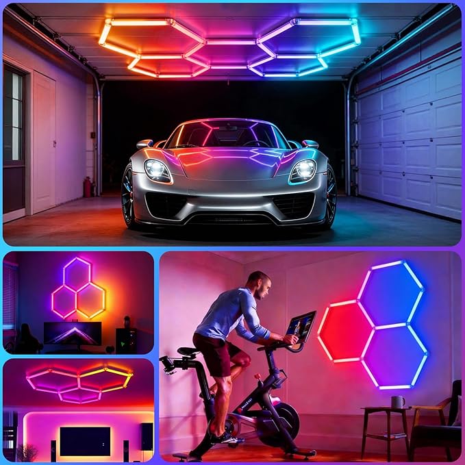 HYPERLITE Hexagon Garage Lights: 3 Grid RGB Hexagon LED Lights with Music Sync Mode, App & Remote Control, Multi-Color Honeycomb Light for Gaming Room, Gym, Garage