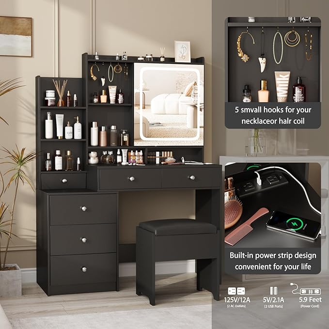 Black Vanity Desk Set with Led Mirror,Makeup Vanity Table with Power Strip,Dressing Table with Stool & Lots Drawers,3 Lighting Color Mirror,Brightness Adjustable