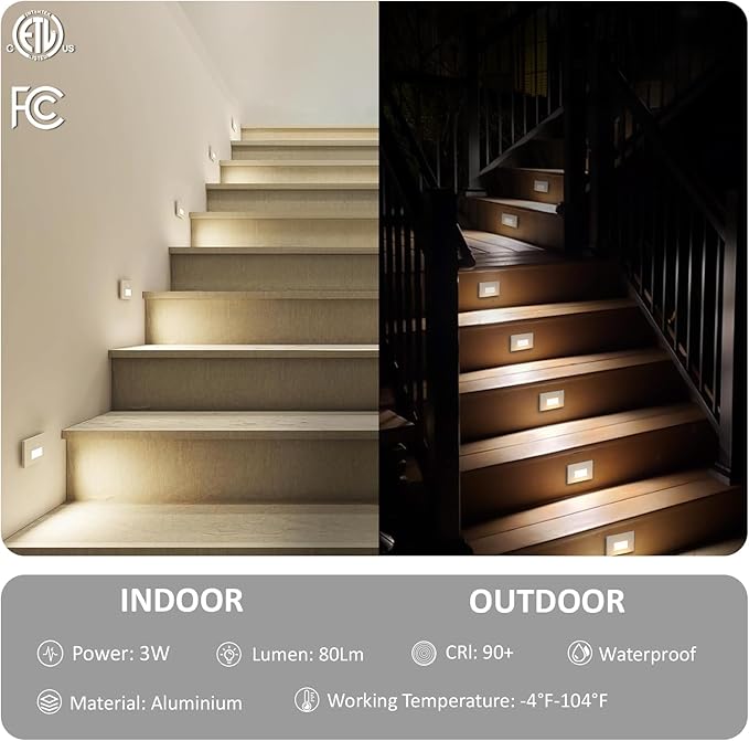 Stairway Lights Indoor, 120V 3W LED Dimmable Stair Lights Indoor Outdoor for Step Stair, 3000K/4000K/5000K, IP65 Waterproof, Aluminum, ETL, Pack of 1 (D Style White, 1)