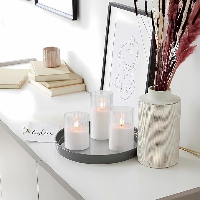 Rhytsing Clear Ribbed Glass Battery Operated LED Candles with Remote, White Flameless Candle Gift Set with Timer for Weddings and Churches, Warm White Light- 6 Batteries Inclued - Set of 3