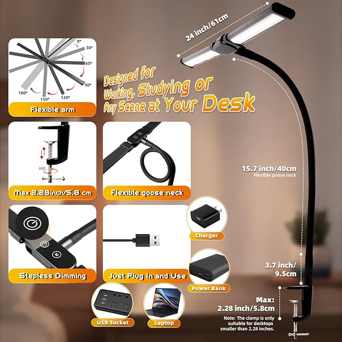 LED Desk Lamp for Office Dorm Home - Eye Caring Desk Light Extra-Wide Lighting Coverage Gooseneck Dimmable Table lamp, No Assembly Required