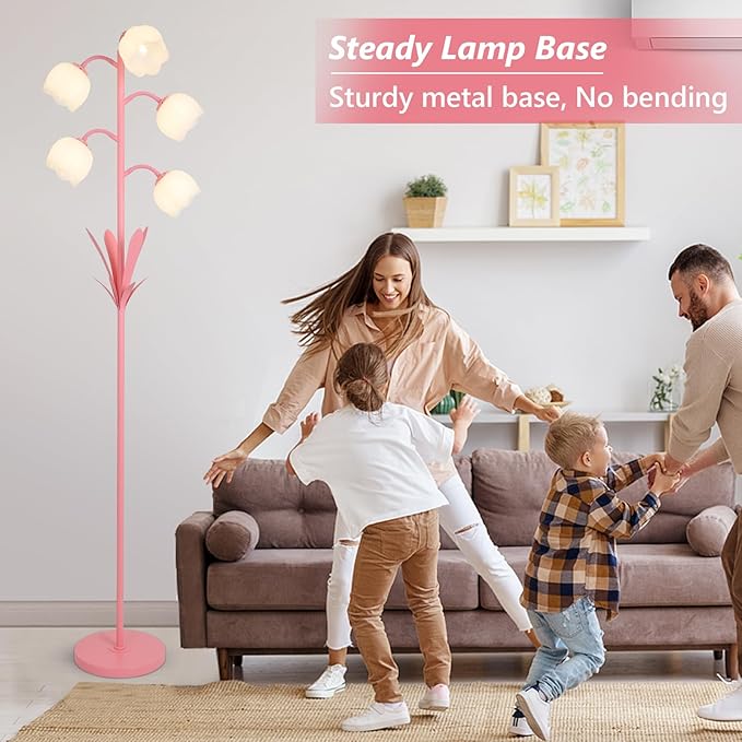 Pink Flower Floor Lamps for Living Room, Modern Floor Lamp with 5 LED Bulbs, Adjustable Standing Lamps for Bedroom Girls Room, Dresser, Kid's Room, Corner Tall Lamp Ambient Lighting for Home Decor
