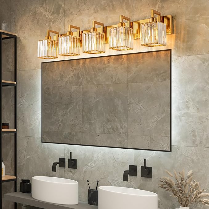 19.5" KnurledBrassWallSconcesSetof2,BronzeBathroomVanityLightFixtureswithWaterRipplesGlassTube,ModernLampforBedroom,LivingRoom,Hallway,Staise,Mirror,Kitchen