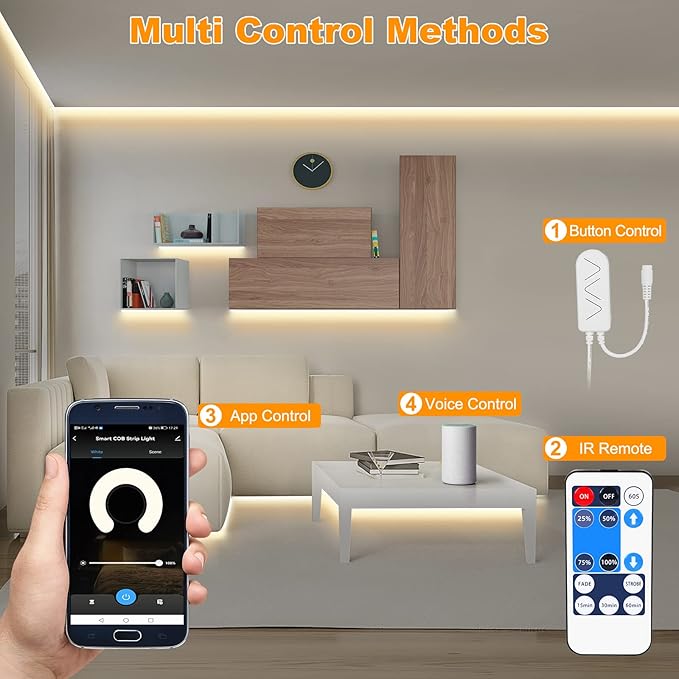Smart White COB Led Strip Light with App and Remote, 32.8ft 4000K Bright WiFi COB Light Strip Compatible with Alexa and Google, Dimmable Indoor Led Lights for Room, Cabinet