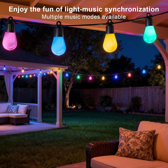 Outdoor String Lights 118FT（59FT*2 RGB +IC Color Changing Smart Patio Lights with Timer Remote &APP Control,IP65 Waterproof Shatterproof LED Lights for Backyard Balcony Garden Party Decor