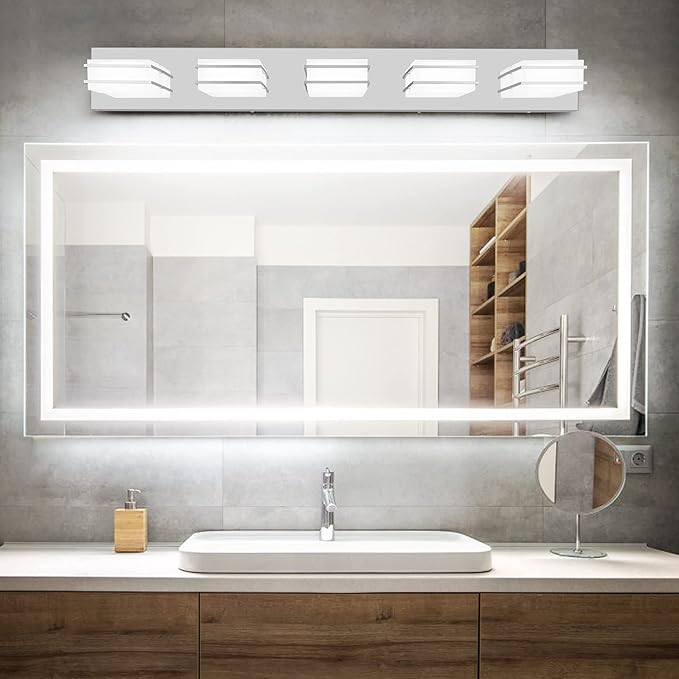 3 Color Temperature Dimmable Vanity Lighting Fixtures, LED Chrome 5 Light Bathroom Vanity Light, Acrylic Stainless Steel Square Shade Vanity Lights for Bathroom, ETL Certificated
