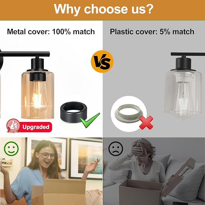 3-Light Bathroom Light Fixtures, Black Modern Vanity Lights with Amber Glass Shades, Bathroom Wall Lamp for Mirror Kitchen Living Room Hallway Cabinet Porch